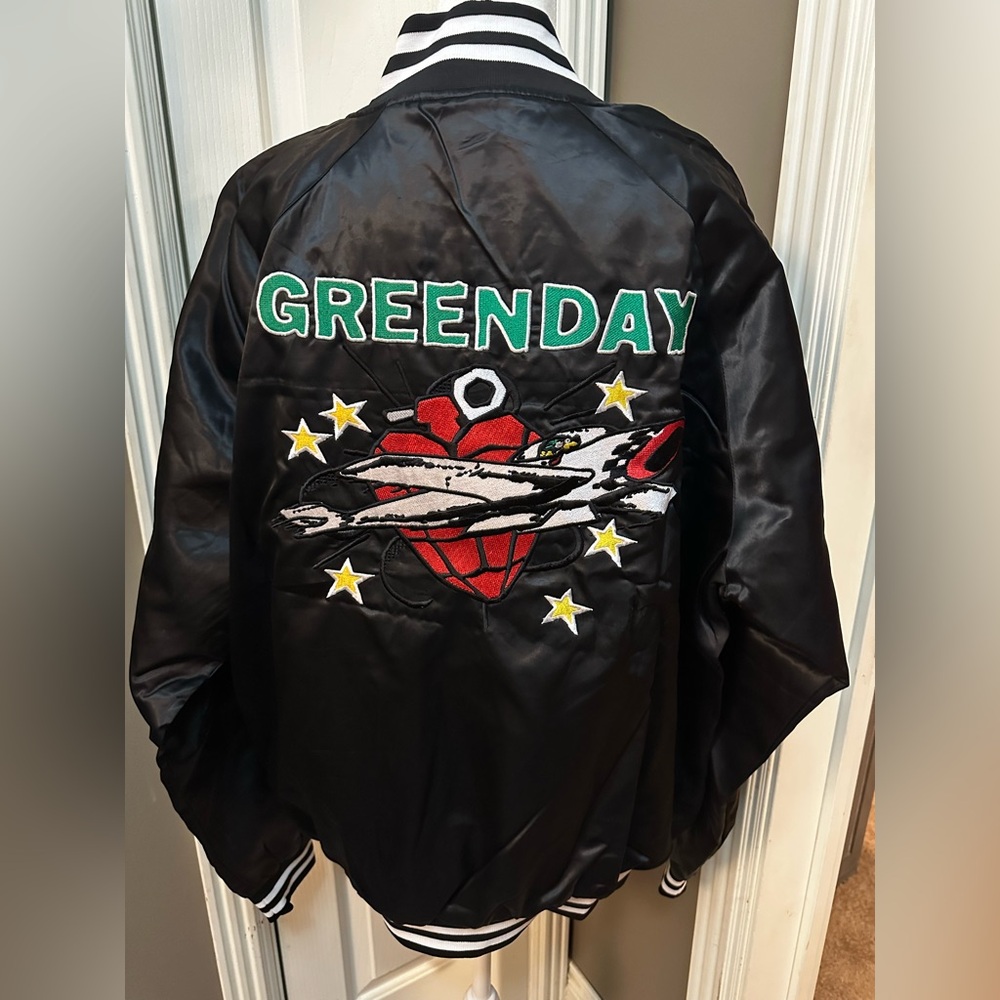 Green Day Black Satin Embroidered Bomber Jacket